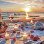 Sunset by the sea at sunset, a blanket is lying on the beach, a