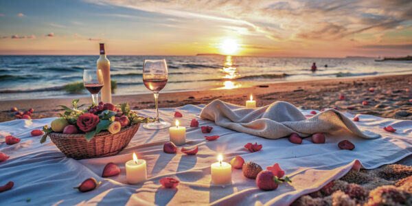 Sunset by the sea at sunset, a blanket is lying on the beach, a