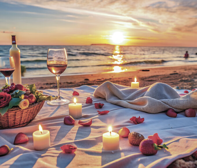 Sunset by the sea at sunset, a blanket is lying on the beach, a