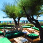 Espace lounge exclusif et ombragé au restaurant Moorea Plage à Ramatuelle. Banquettes confortables aux tons vert émeraude disposées sur le sable sous de grands tamaris, offrant une vue idyllique sur la mer Méditerranée. Reportage pour l'édition de Juin 2026 de THE Magazine.