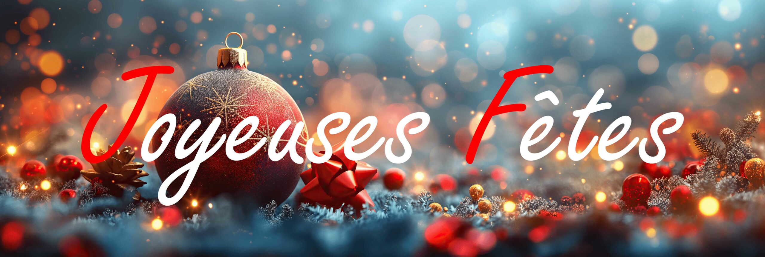 Elegant red Christmas ball with sparkling details on a magical bokeh background